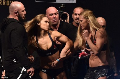 Ronda Rousey blows up at Holly Holm at UFC 193 stare down